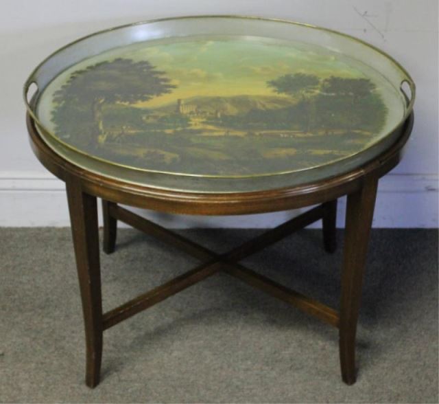 Appraisal: Tole Tray On Stand With Scenic Painted Top Partial old