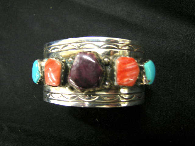 Appraisal: Indian Sterling Silver Cuff Bracelet turquoise coral other stone signed