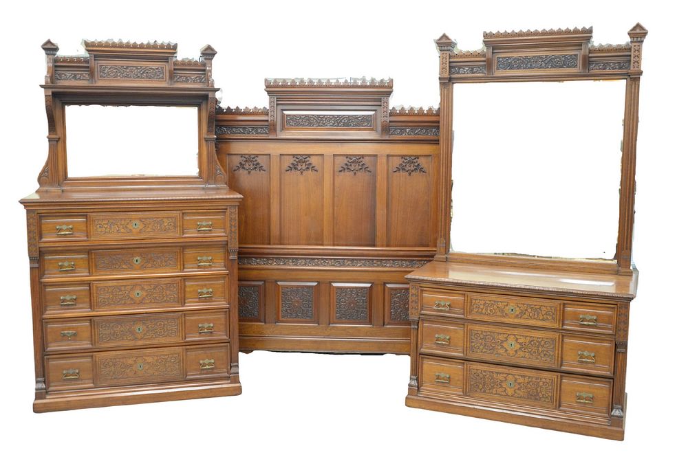 Appraisal: Three Piece Aesthetic Walnut Bedroom Set having carved high back