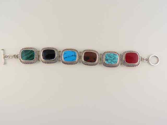 Appraisal: Sterling Silver Stone Bracelet with malachite onyx turquoise agate coral