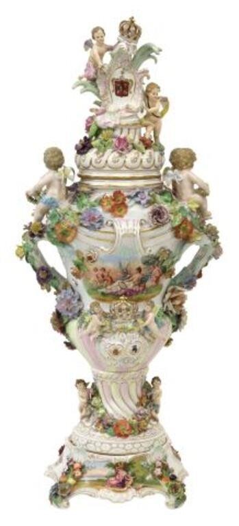 Appraisal: Monumental Dresden porcelain vase with cover and stand Carl Thieme