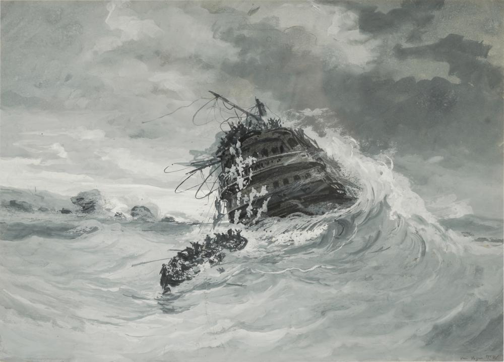 Appraisal: SHIPS IN A STORMY SEAgouache en grisaille on paper framed