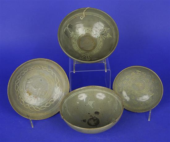 Appraisal: COLLECTION OF FOUR KOREAN DECORATED CELADON BOWLS diameter of largest