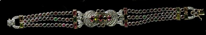 Appraisal: Edwardian-Style Fourteen-Karat Yellow Gold Silver and Multi-Colored Tourmaline Bracelet the