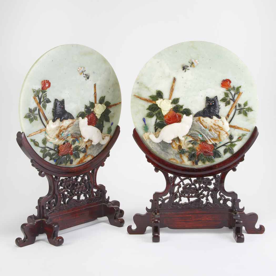 Appraisal: Pair of Chinese Hardstone Panels on Stands Height overall inches