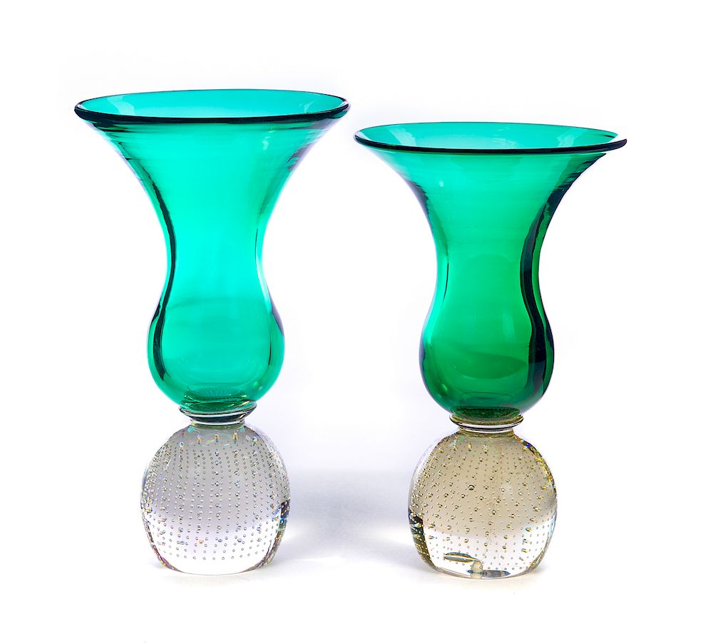 Appraisal: Erickson Controlled Bubble Green Vases Excellent condition with no damage