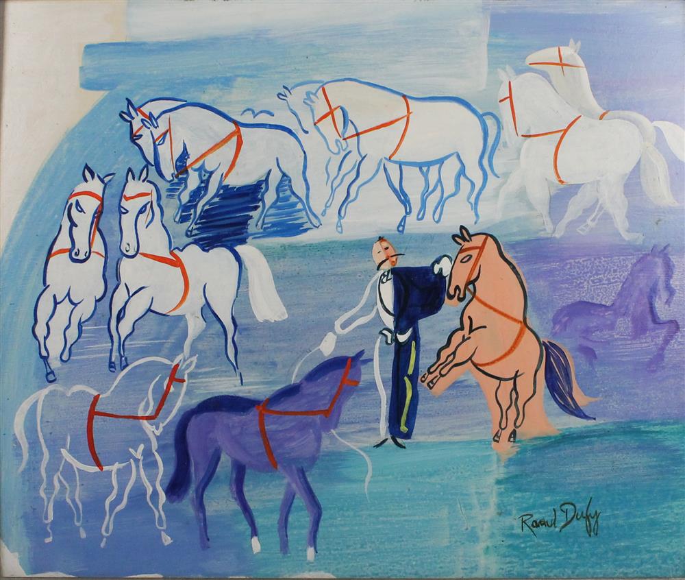 Appraisal: STYLE OF RAOUL DUFY CIRCUS HORSES Oil on canvasboard x