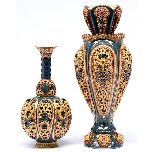 Appraisal: Two Zsolnay double walled reticulated vases late th c decorated