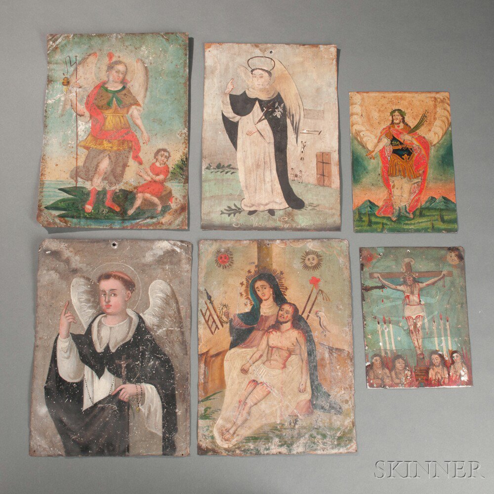 Appraisal: Six Mexican Polychrome Tin Retablos depicting crucifixion scenes and various