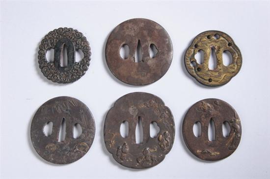 Appraisal: SIX JAPANESE IRON TSUBA Edo Meiji period One signed with