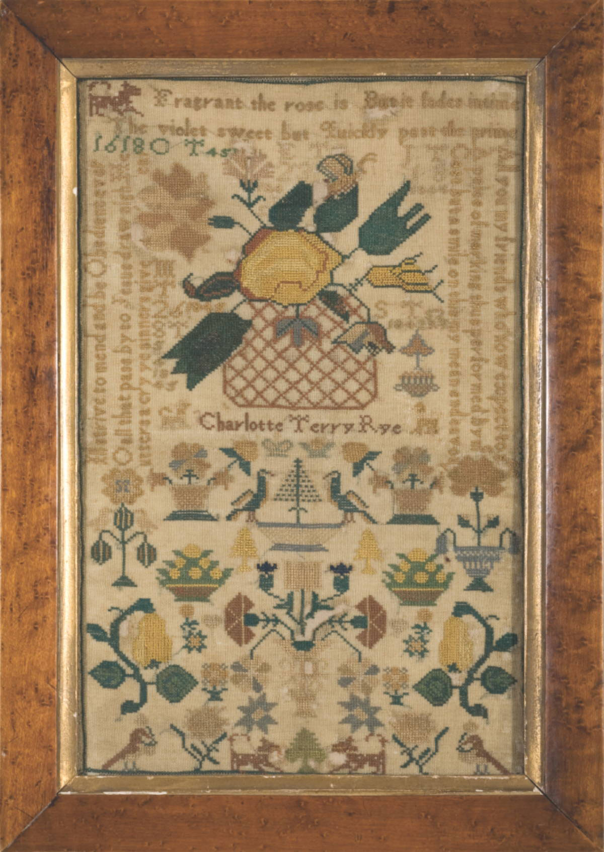 Appraisal: CHARLOTTE TERRY RYE NEEDLWORK SAMPLER Elaborately worked with birds flowers