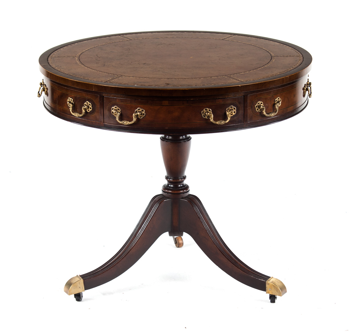 Appraisal: Baker George III style inlaid mahogany drum table gilt tooled