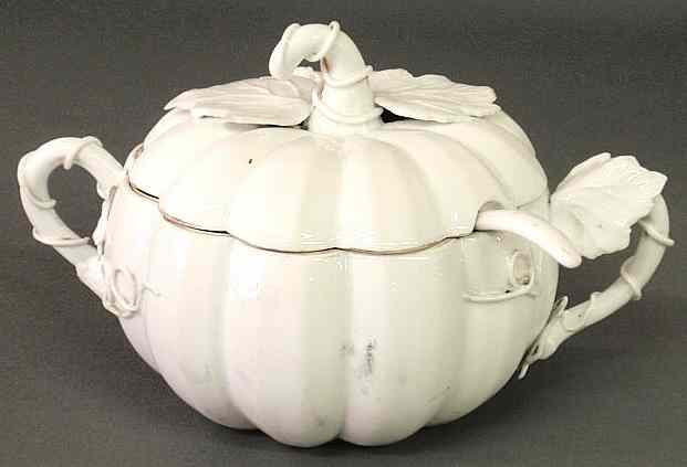 Appraisal: White porcelain pumpkin-form covered soup tureen c h x w