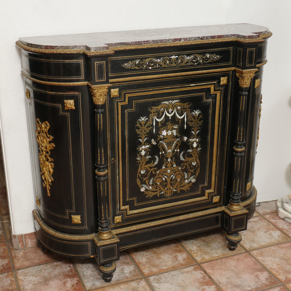 Appraisal: TH C BOULLE INLAID SIDE CABINET Ormolu inlaid Boulle marble