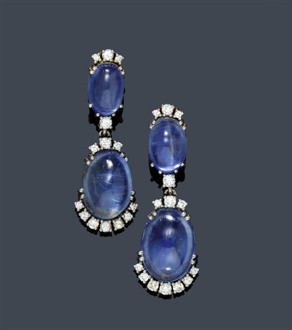 Appraisal: SAPPHIRE AND DIAMOND EAR PENDANTS ca White gold Decorative ear