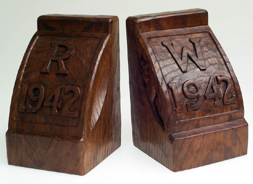 Appraisal: RARE PAIR OF ROBERT MOUSEMAN THOMPSON OAK BOOKENDS probably carved