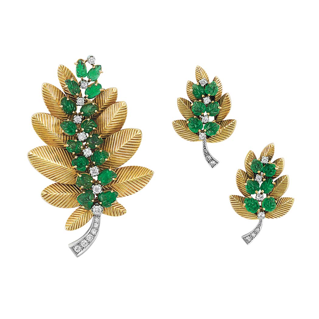 Appraisal: Gold Platinum Carved Emerald and Diamond Leaf Clip-Brooch and Pair