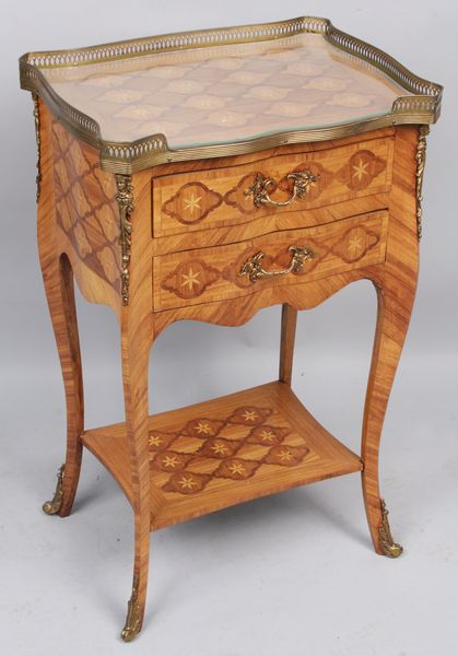 Appraisal: Beautiful French satinwood inlaid two-drawer stand having a glass top