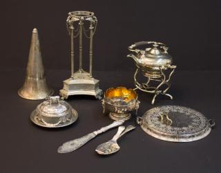 Appraisal: Assorted Silver Including tea kettle on stand expanding trivet Victorian-style