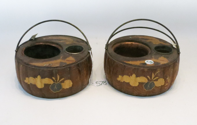 Appraisal: TWO JAPANESE INLAID WOOD PLANTERS with bale handles each inlaid