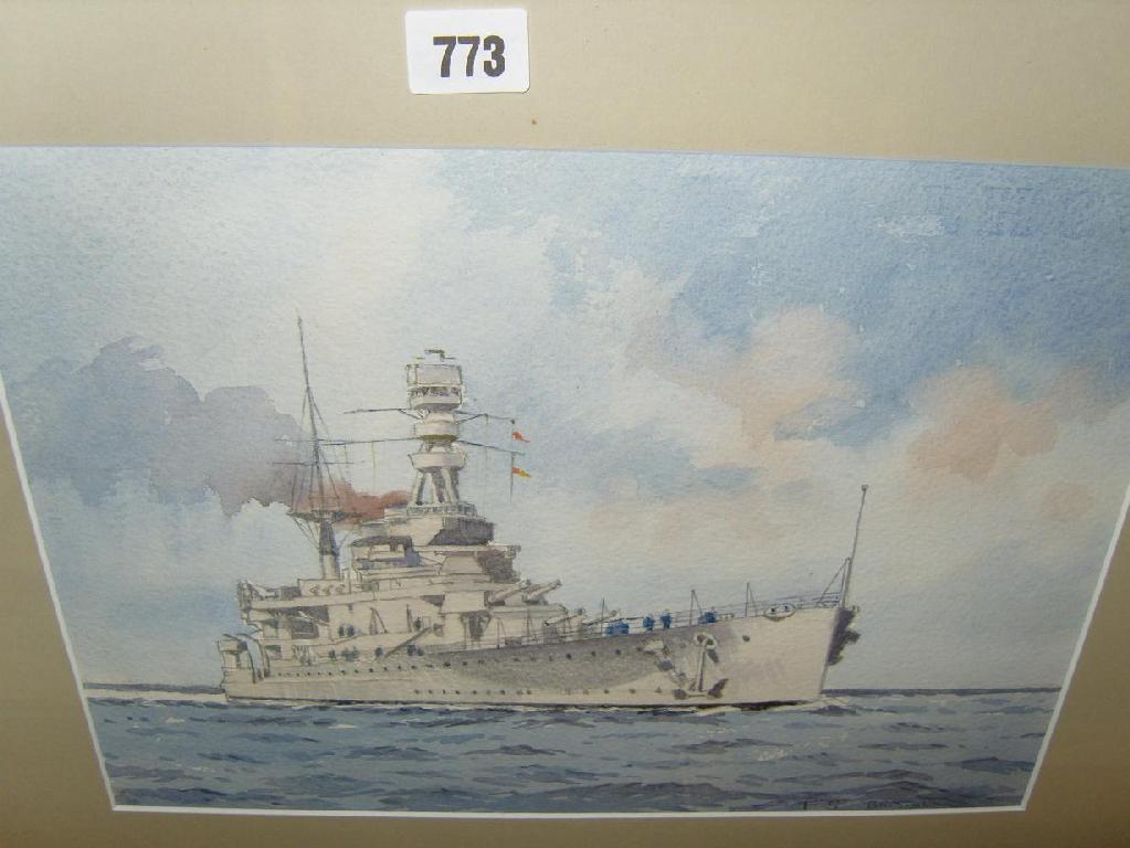 Appraisal: A watercolour of a battleship at high seas attributed to