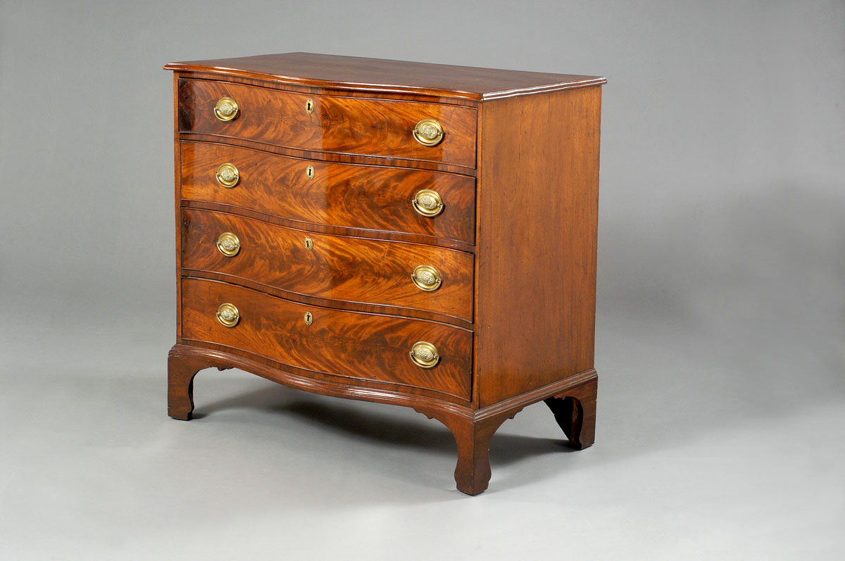 Appraisal: CHIPPENDALE FIGURED MAHOGANY SERPENTINE CHEST OF DRAWERS PROBABLY VIRGINIA The