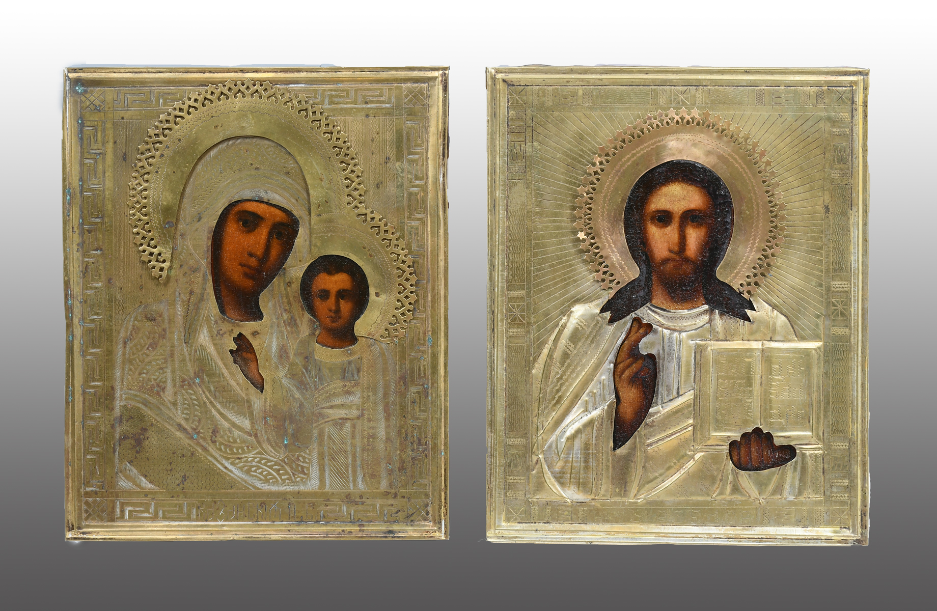 Appraisal: TWO PAINTED ICONS Madonna and Child '' x '' Christ