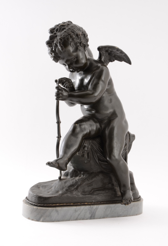 Appraisal: BRONZE CUPID SCULPTURE AFTER LEMIRE Seated Cupid Stringing His Bow