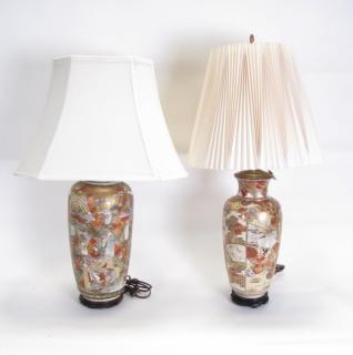 Appraisal: Description Two Satsuma Porcelain Lamps both depicting figures in military