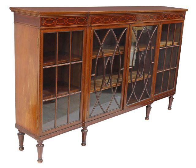 Appraisal: English mahogany breakfront display cabinet th c with marquetry frieze