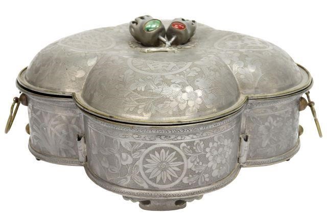 Appraisal: Chinese pewter sweetmeat warming dish early th c of lobbed