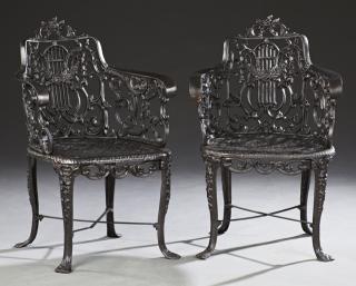 Appraisal: Pair of Wrought Iron Garden Armchairs th c wi Pair