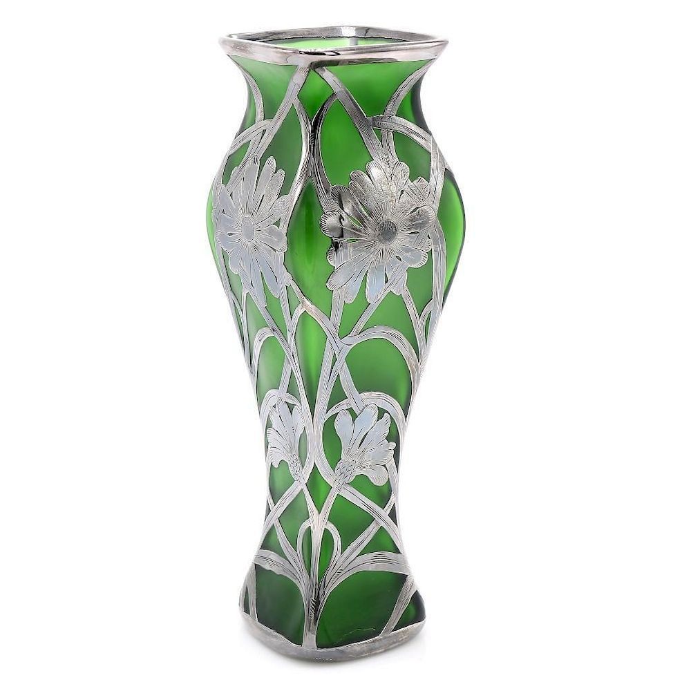 Appraisal: Green Sterling Silver Floral Overlay Vase Green vase featuring a