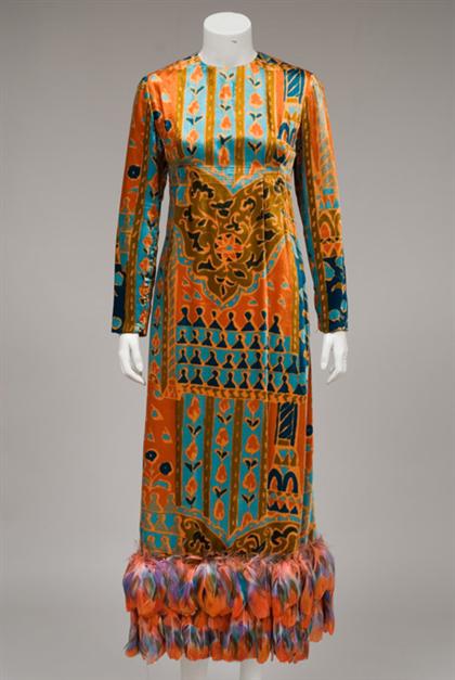 Appraisal: Patterned velvet feather-trimmed dress s- s Abstract Byzantine pattern in