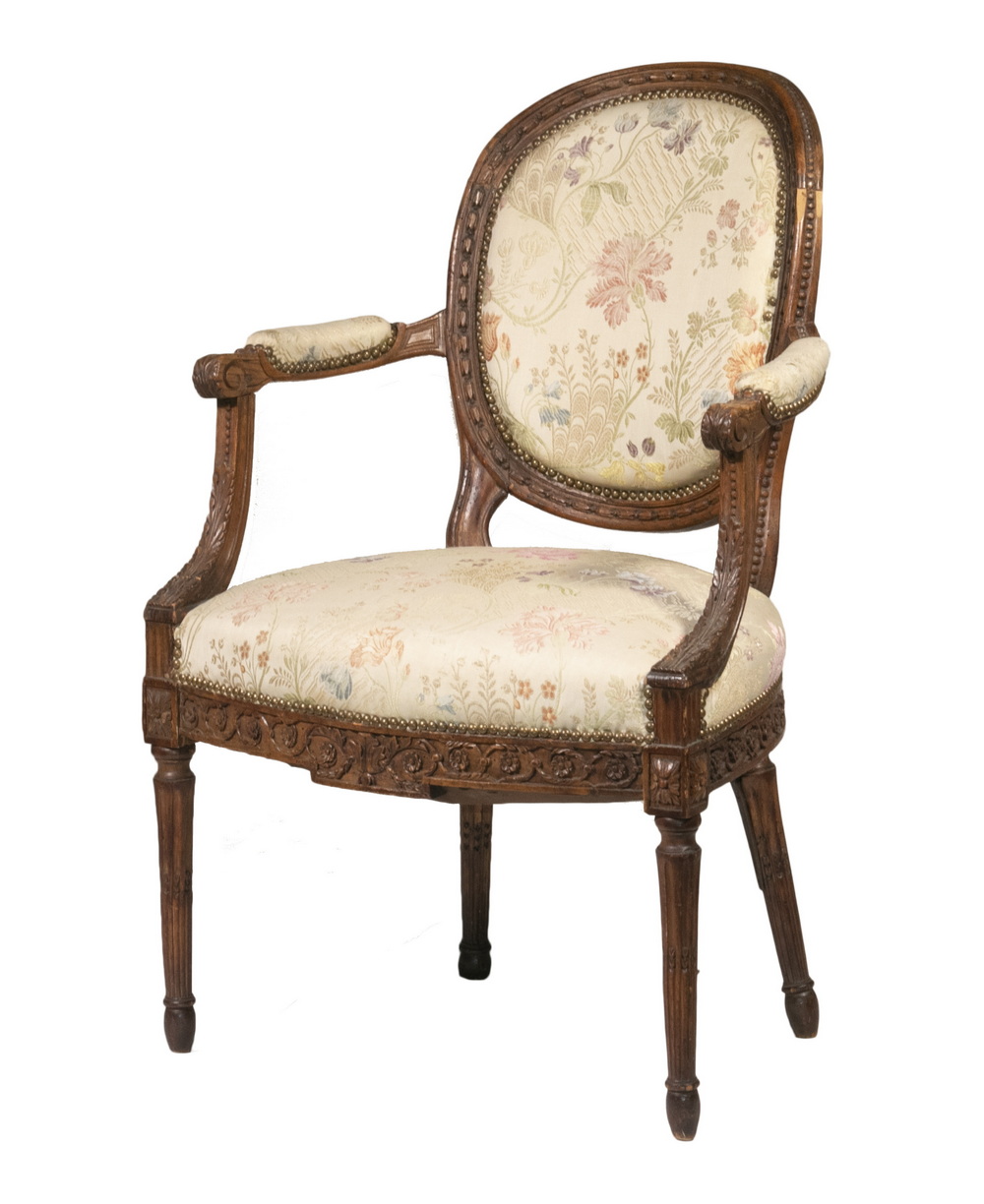 Appraisal: CUSTOM FRENCH ARMCHAIR Louis XVI Style Upholstered Armchair with leaf