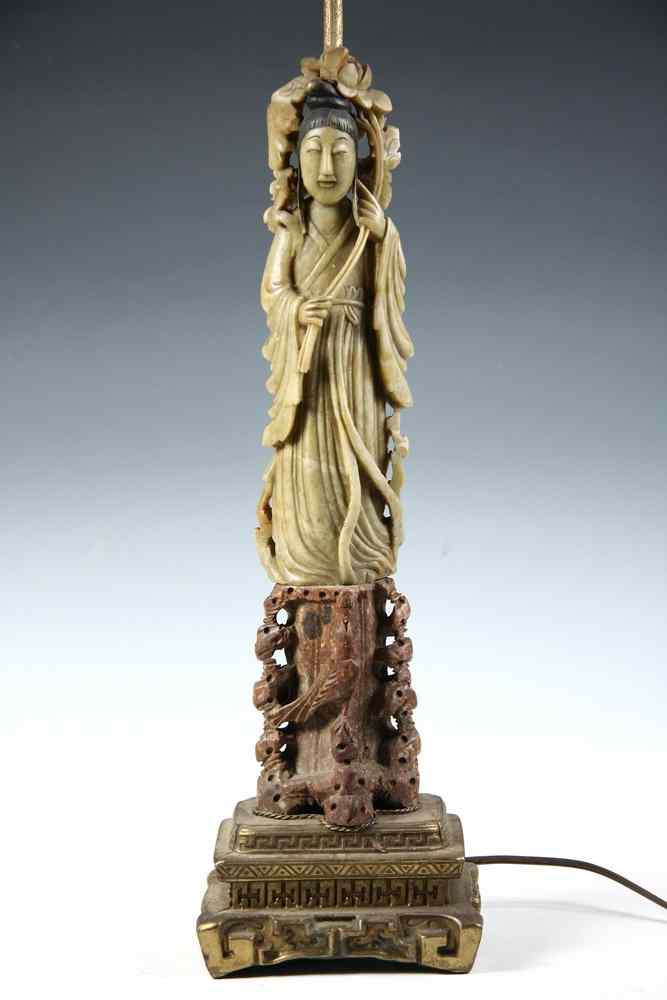 Appraisal: CHINESE SOAPSTONE BASE LAMP - Table Lamp with Chinese Carved