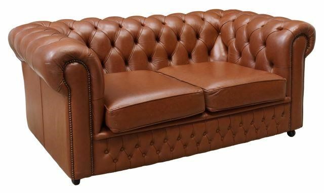 Appraisal: English brown leather Chesterfield sofa late th c button-tufted rolled