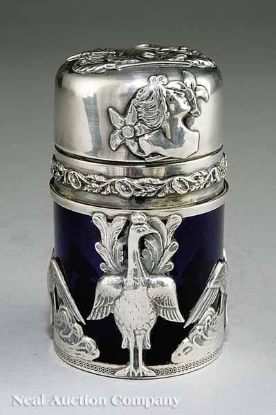 Appraisal: A French Art Nouveau Silver-Mounted Cobalt Glass Scent Bottle c