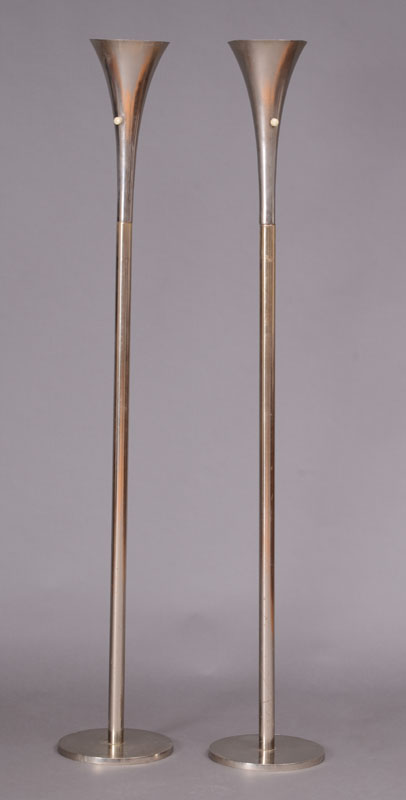 Appraisal: PAIR OF MODERN CHROME TRUMPET-FORM FLOOR LIGHTS x in diam