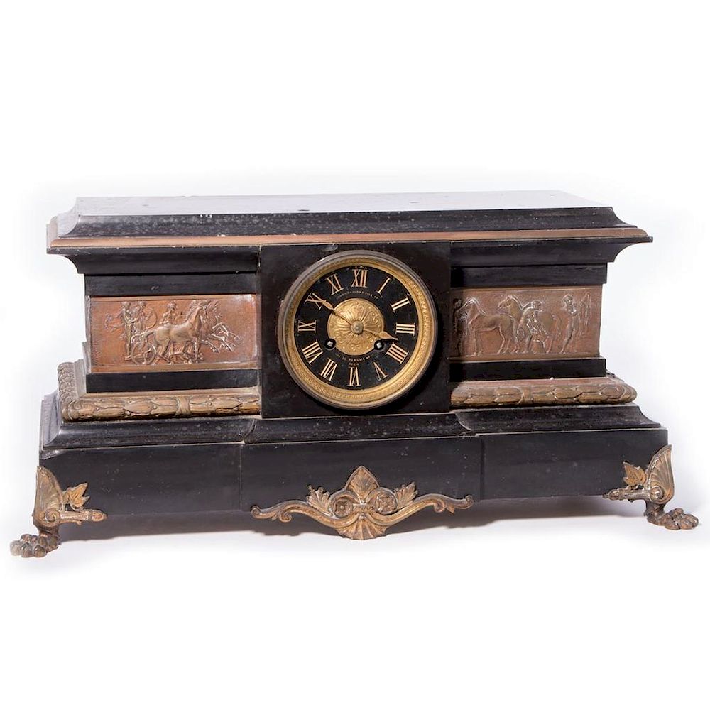 Appraisal: Slate and Bronze Clock French th Century French Mantle Clock