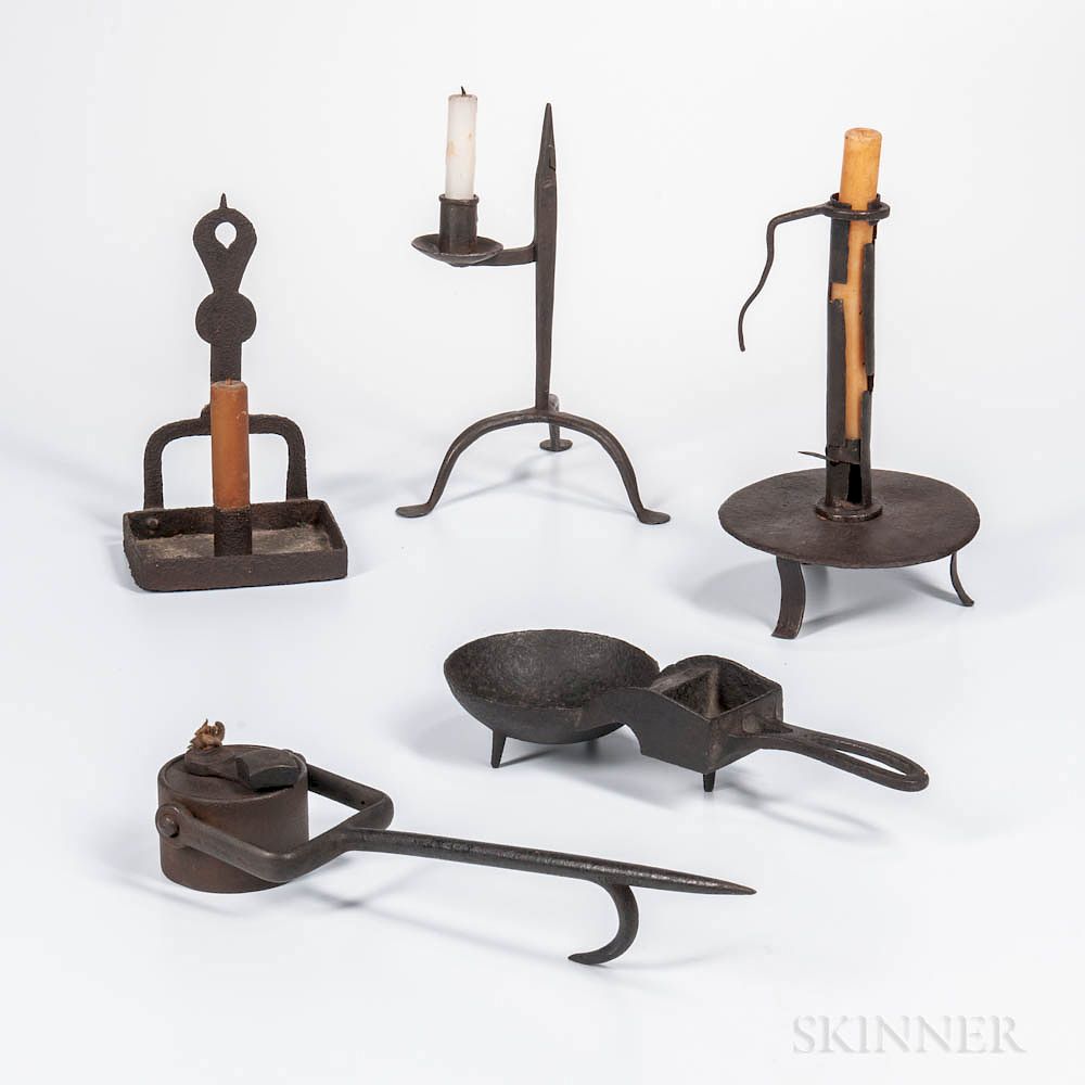 Appraisal: Five Early Wrought Iron Lighting Devices Five Early Wrought Iron