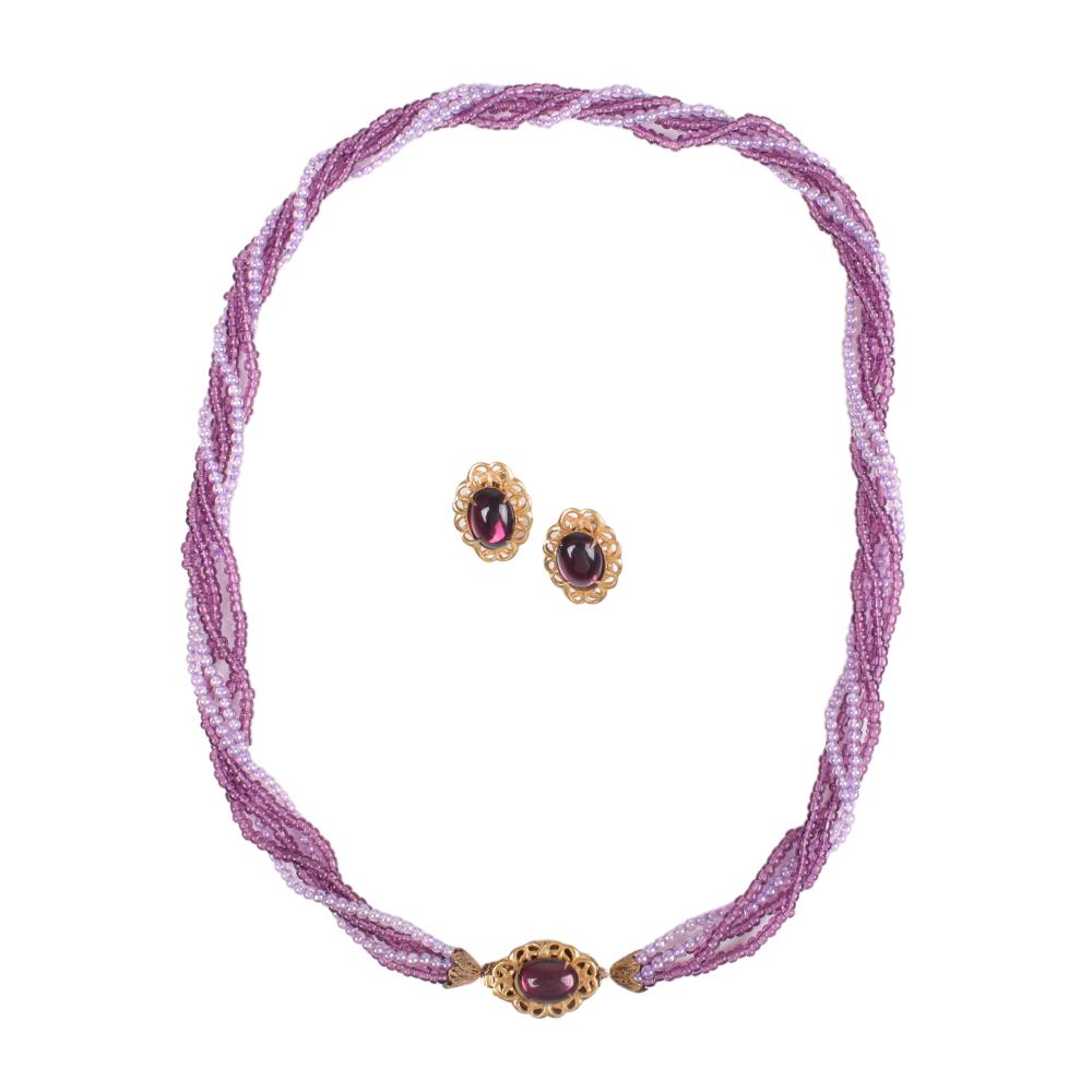 Appraisal: MIRIAM HASKELL NECKLACE AND EARRING SET MULTI STRAND TWISTED PURPLE