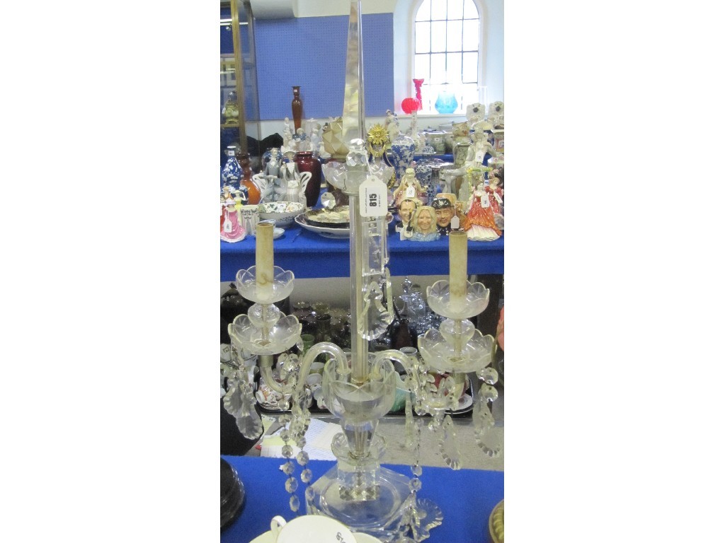 Appraisal: Lot comprising cut glass table candelabra and a paraffin lamp