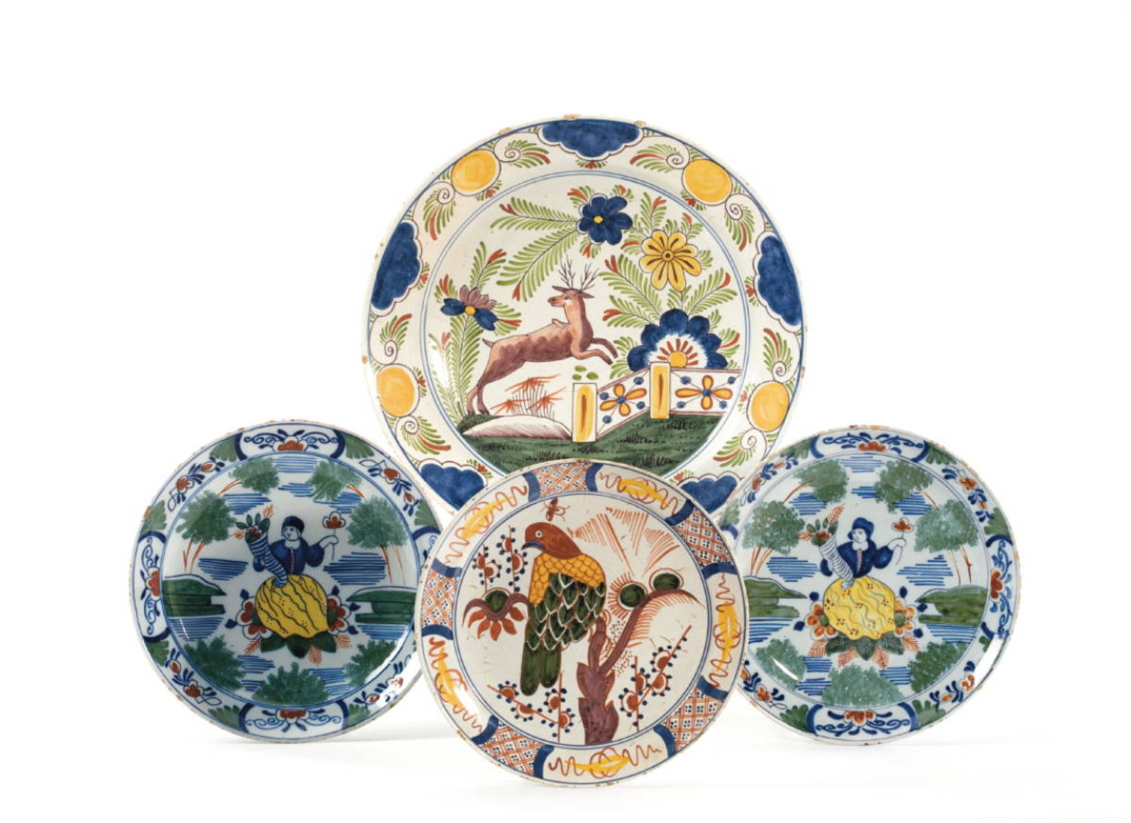 Appraisal: FOUR DUTCH DELFT POLYCHROME DISHES EIGHTEENTH CENTURY Comprising a dish