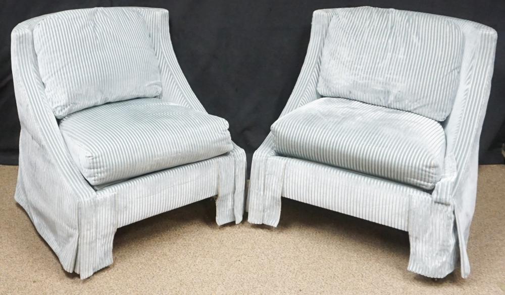 Appraisal: PAIR MODERN BLUE AND WHITE UPHOLSTERED BARREL-BACK LOUNGE CHAIRS BY