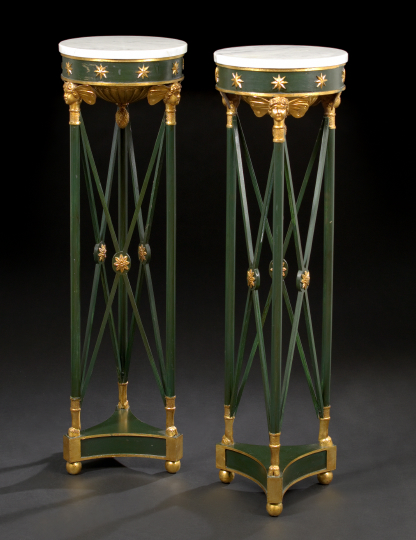 Appraisal: Pair of Directoire-Style Teal Green-Painted and Marble-Top Pedestals each with