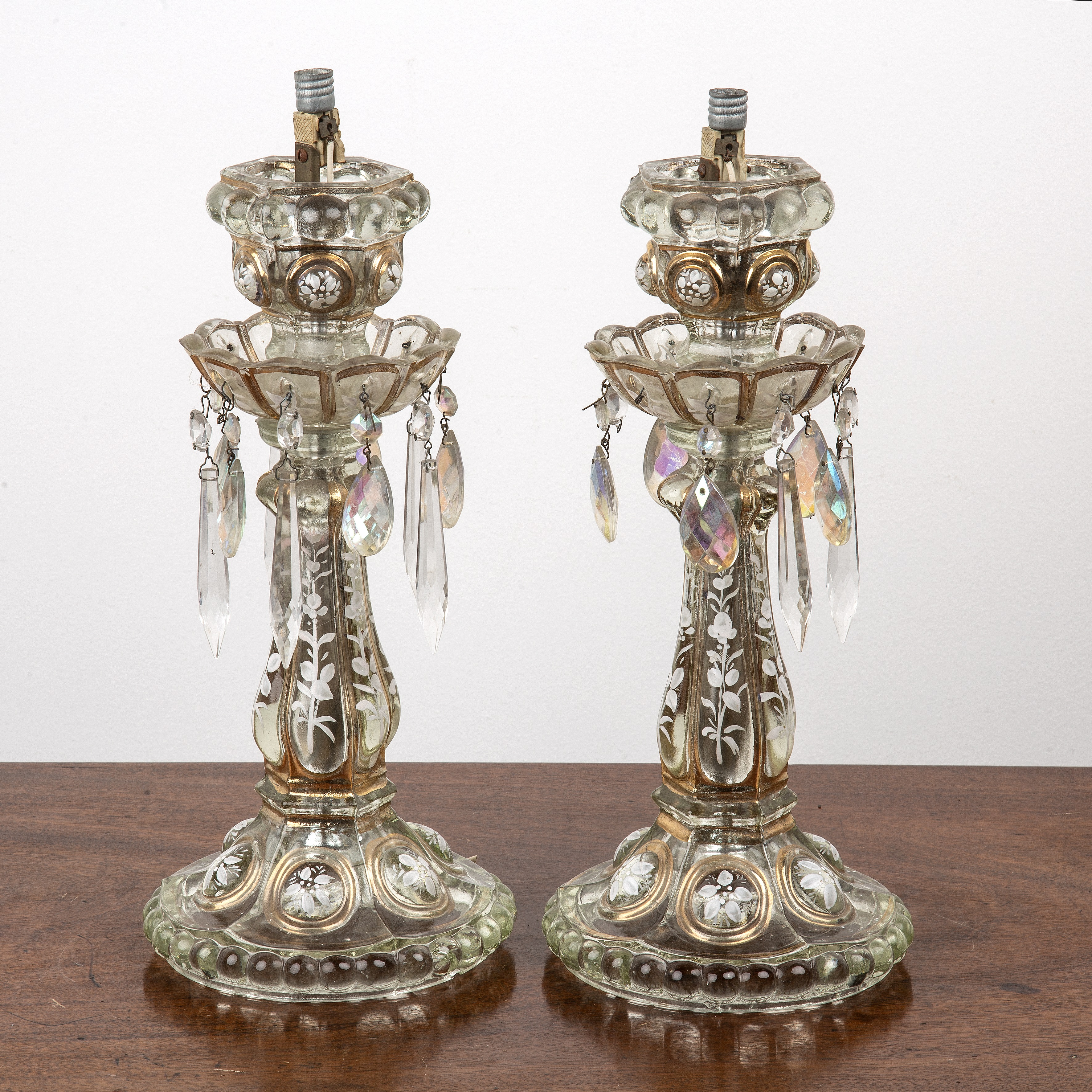 Appraisal: Pair of glass lustresclear moulded glass with enamel painted decoration