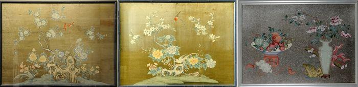 Appraisal: Two Framed Chinese Painted Wallpaper Panels Together with a Chinese