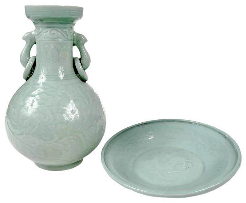 Appraisal: Chinese Celadon Vase and Bowl th century molded glaze vase