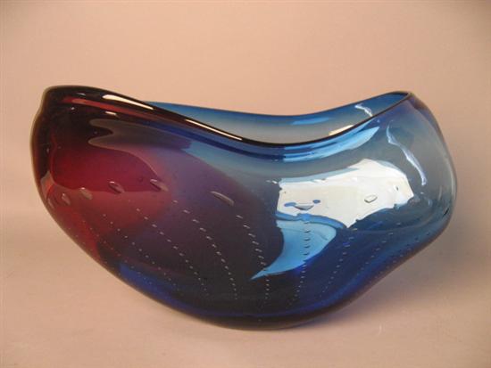 Appraisal: Leon Applebaum Red and Blue Glass Bowl with symmetrical bubbles